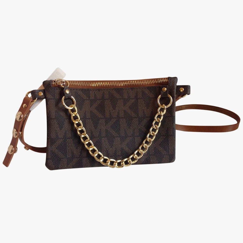 Michael Kors Brown Signature Monogram Chain Zipper Faux Leather Belt Bag Medium